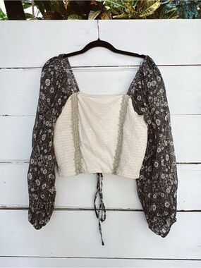 Anthropologie forever that girl Boho Puff Sleeve Top - Cream & Black